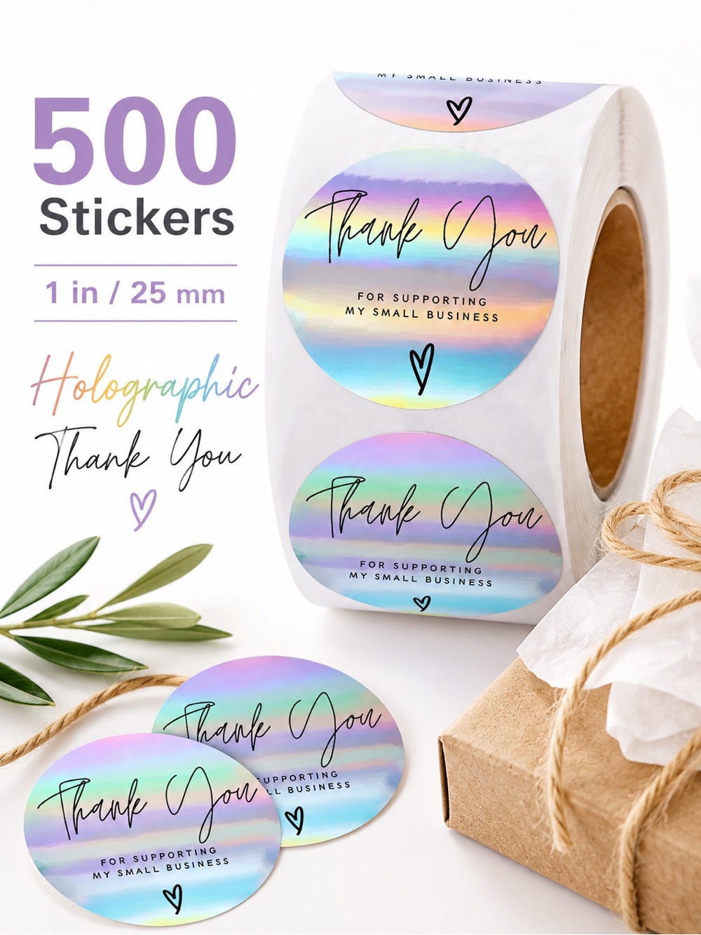 Holographic Thank You Small Business Stickers 1 Inch Roll Rainbow